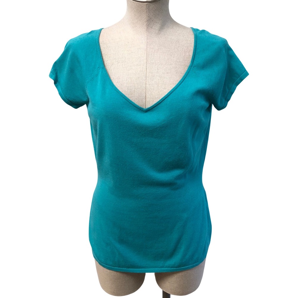 Lafayette 148 Sweater Womens Large Teal‎ V-Neck Short Sleeve Viscose Blend Knit